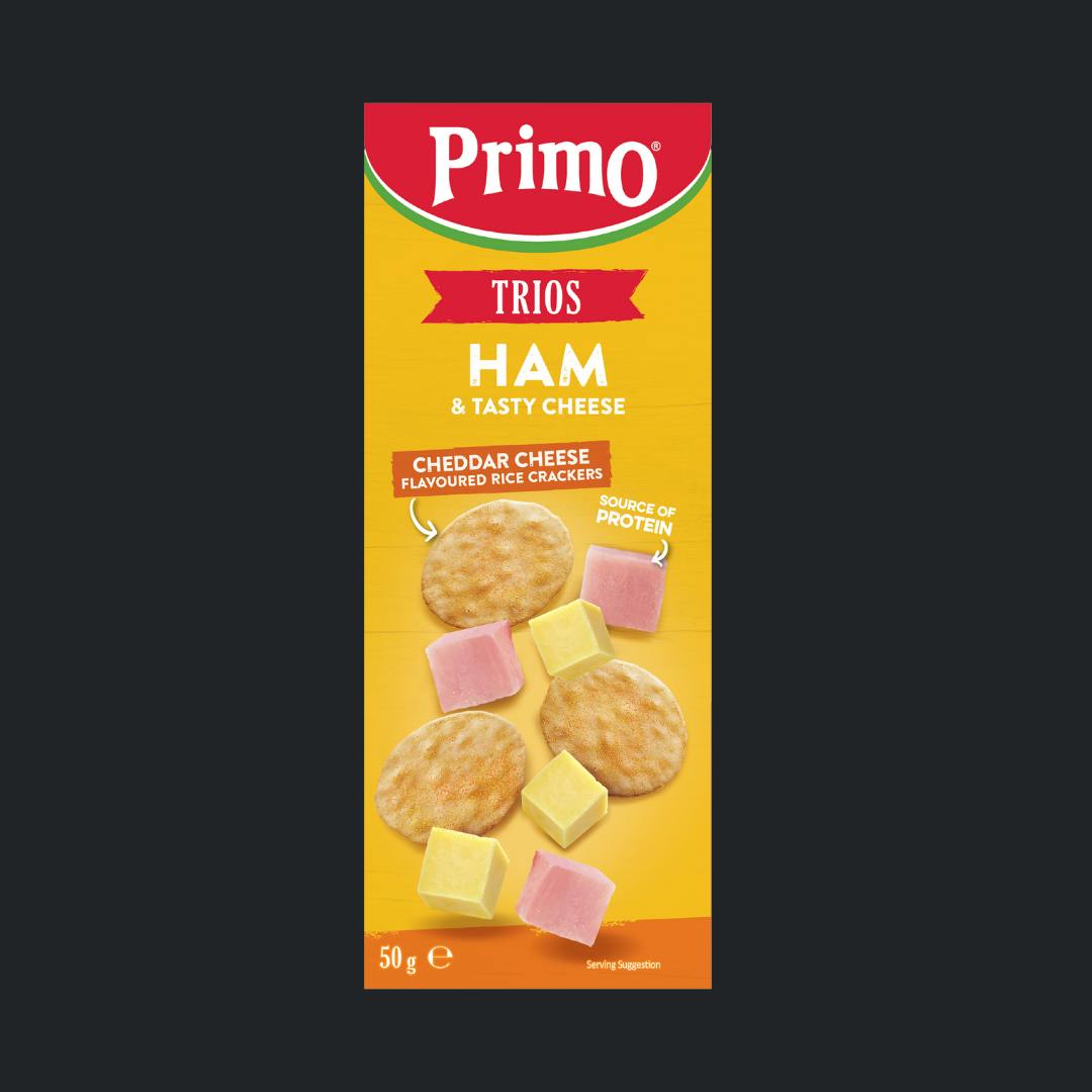 Primo Trios Ham & Tasty Cheese with Cheddar Cheese Rice Crackers 50g