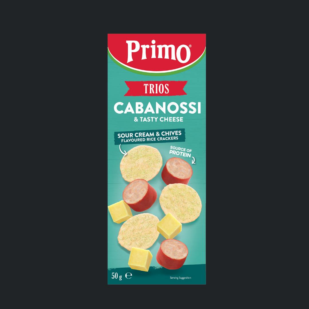 Primo Trios Cabanossi & Tasty Cheese with Sour Cream & Chives Rice Crackers 50g